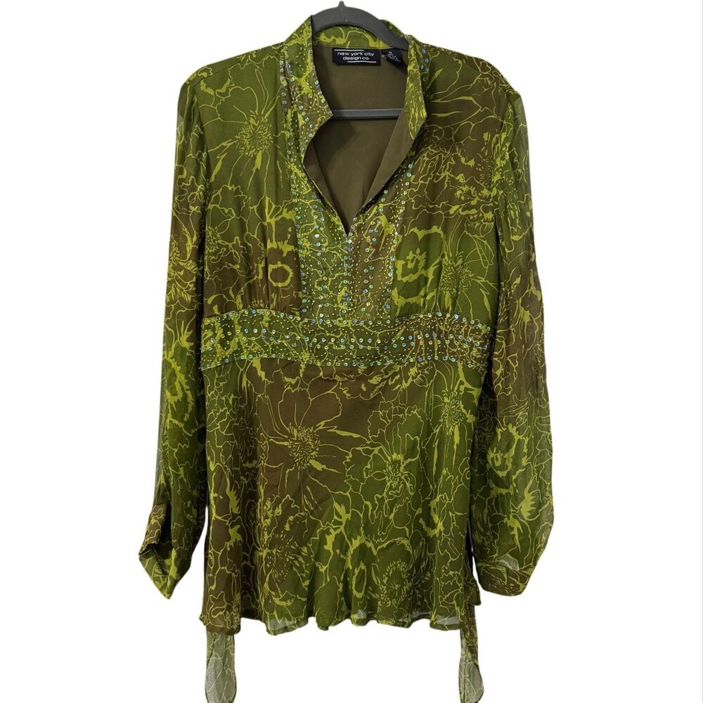New York City Design Co. Womens Silk Green Floral Top XL Fairycore Ethereal Boho